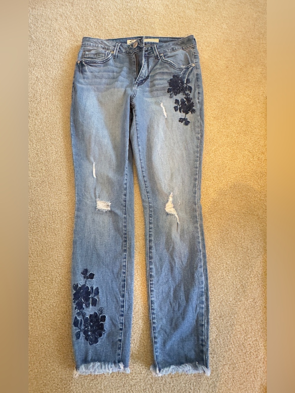 Seven7 Light Blue Straight Leg Jeans with Dark Blue Floral Appliqué